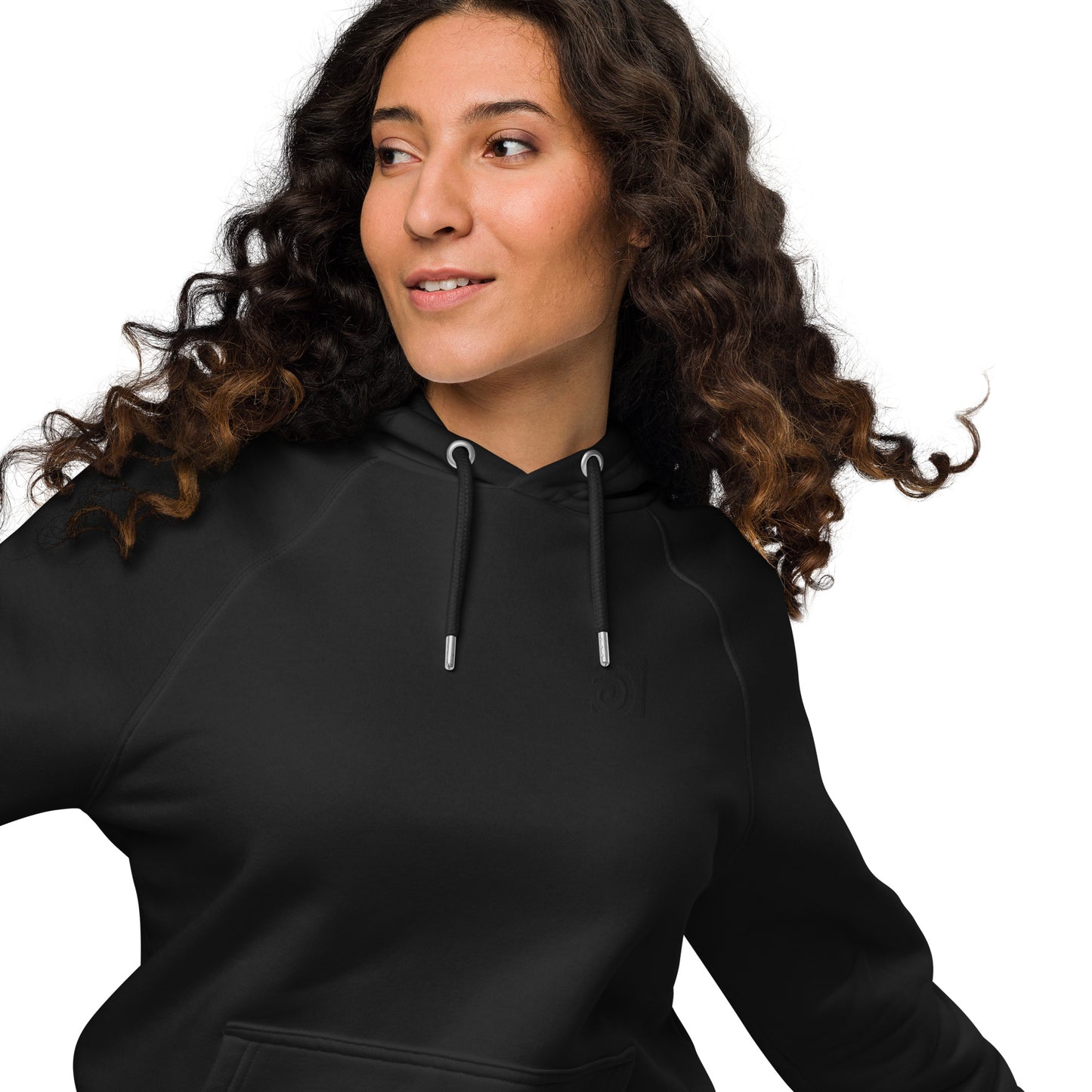 Houdini Logo in Black on Black Hoodie Woman Zoomed