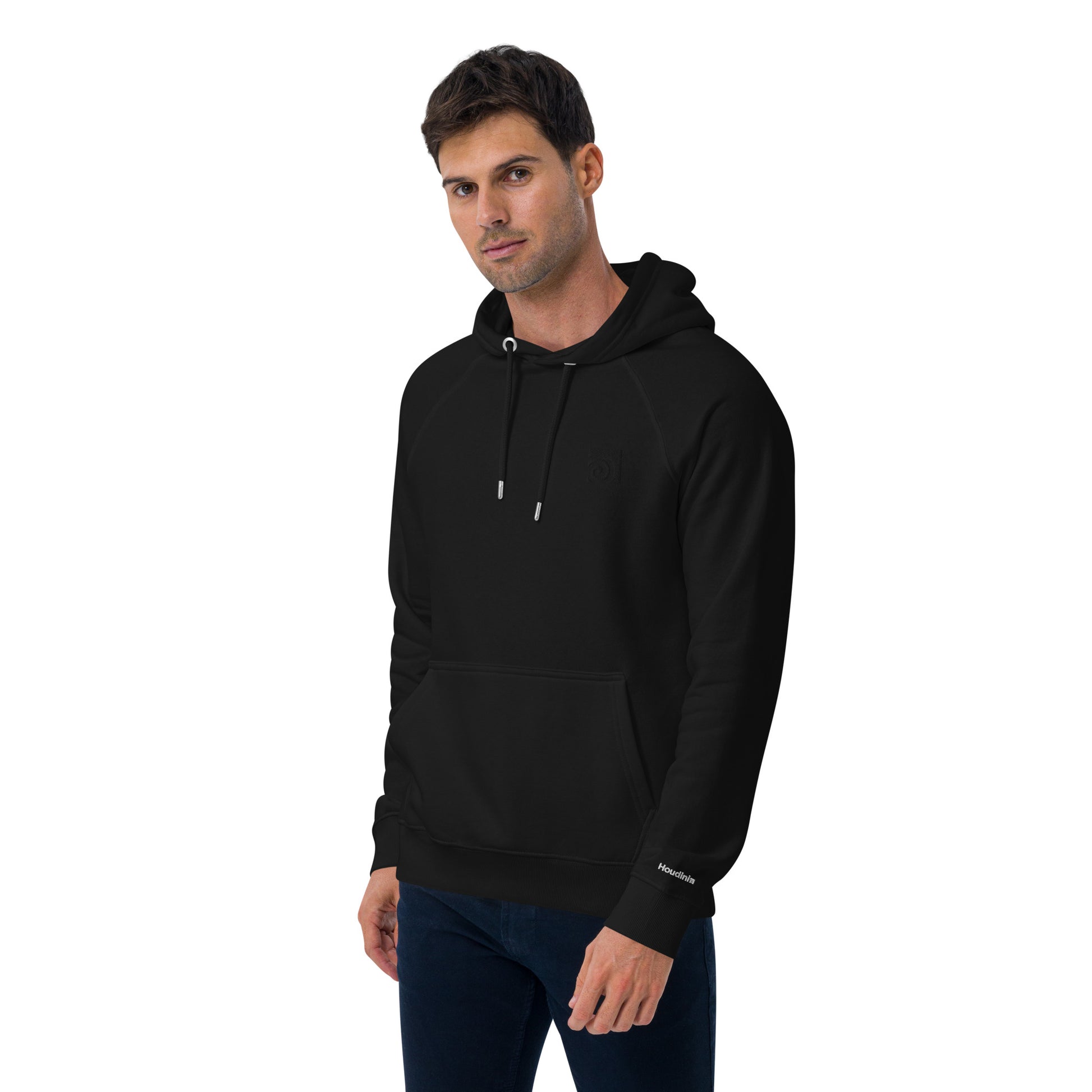 Houdini Logo in Black on Black Hoodie Man